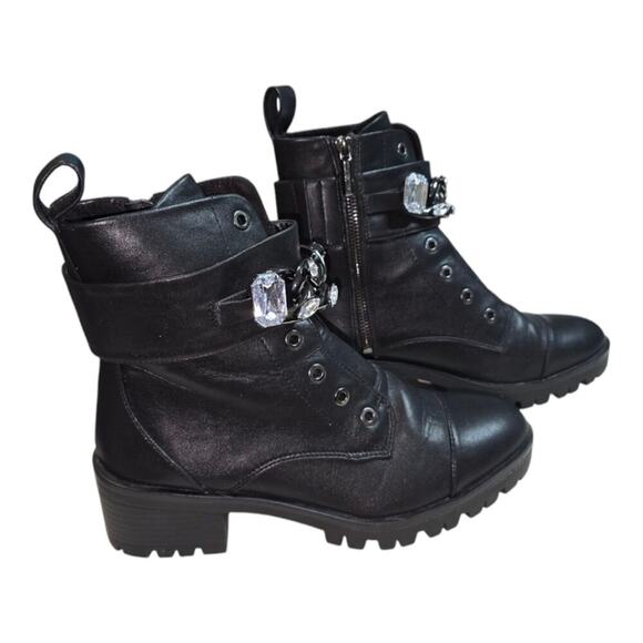 Karl Lagerfeld Paris Black Leather Lug Combat Boots with Jewel Buckle - Picture 6 of 9